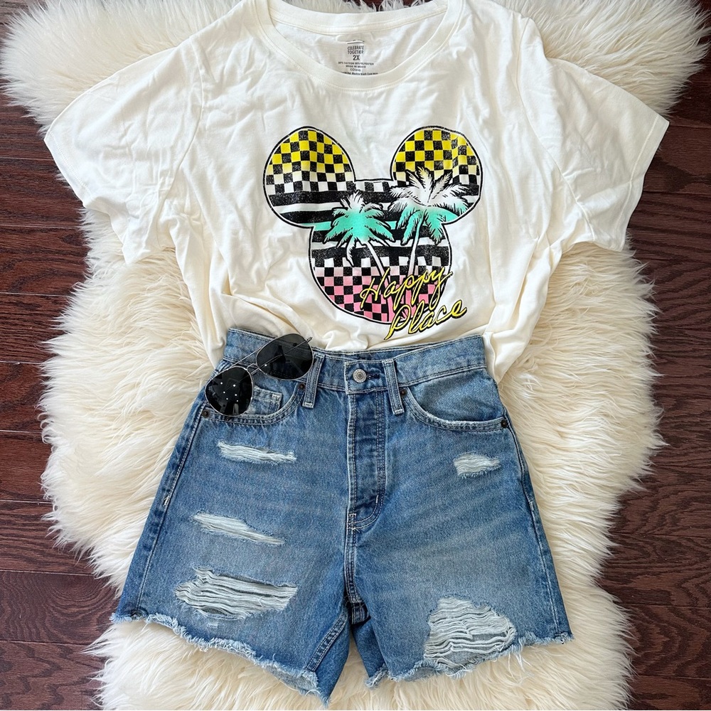 Disney Celebrate Together Checkered, Striped Mickey Head Palm Tree Print Tee 2X